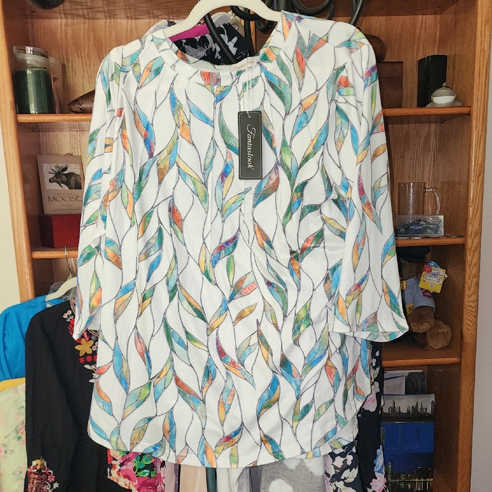 Fantaslook Colorful Stainglass Leaf Print Women's Blouse Top Tunic Boho